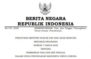 Read more about the article Regulasi Covid-19: Peraturan Menteri Hukum dan Hak Asasi Manusia Republik Indonesia Nomor 7 Tahun 2020 tentang Pemberian Visa dan Izin Tinggal dalam Upaya Pencegahan Masuknya Virus Corona